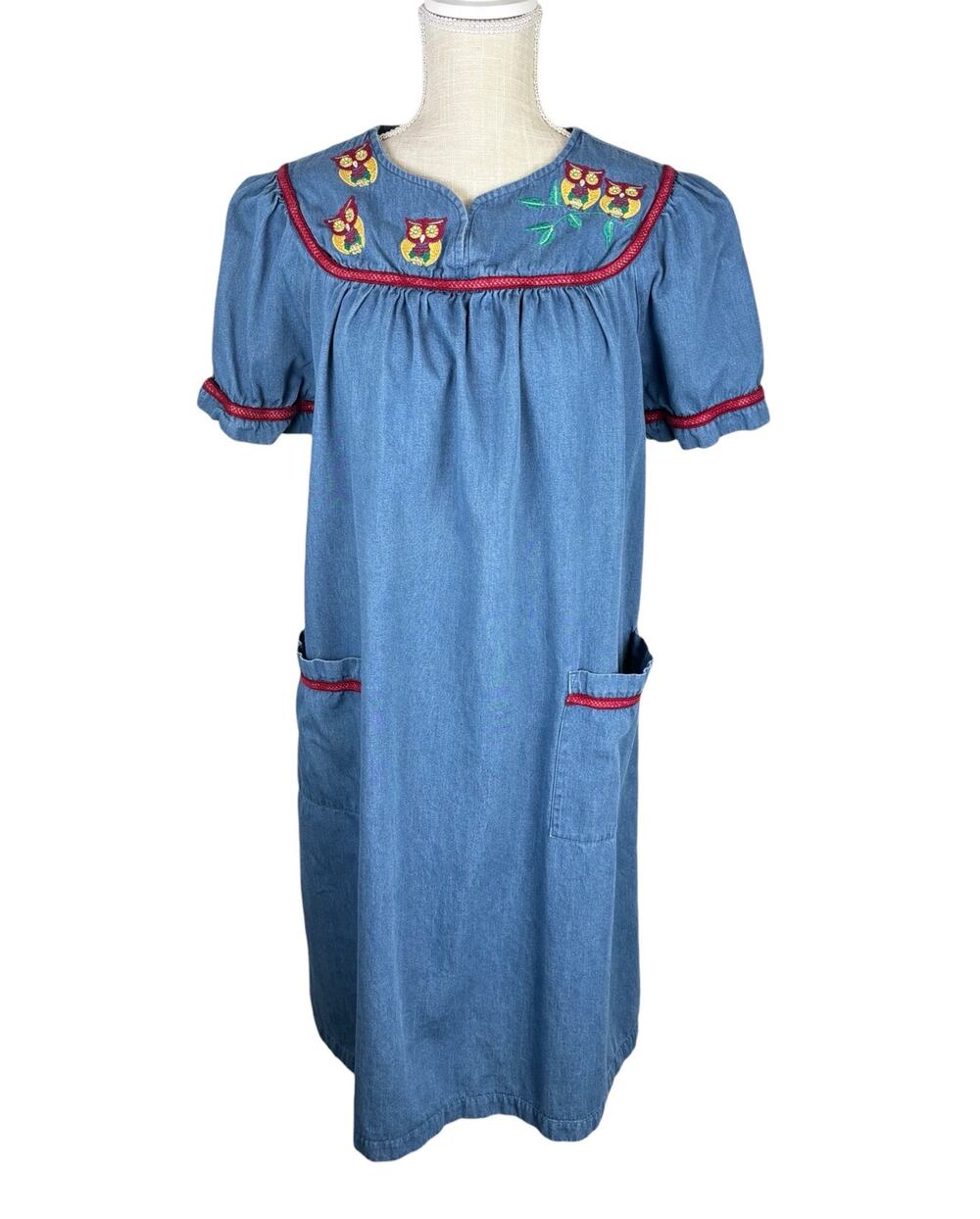 Vintage Go Softly Patio It’s A Hoot Owl Embroidered Denim Dress Women's Small